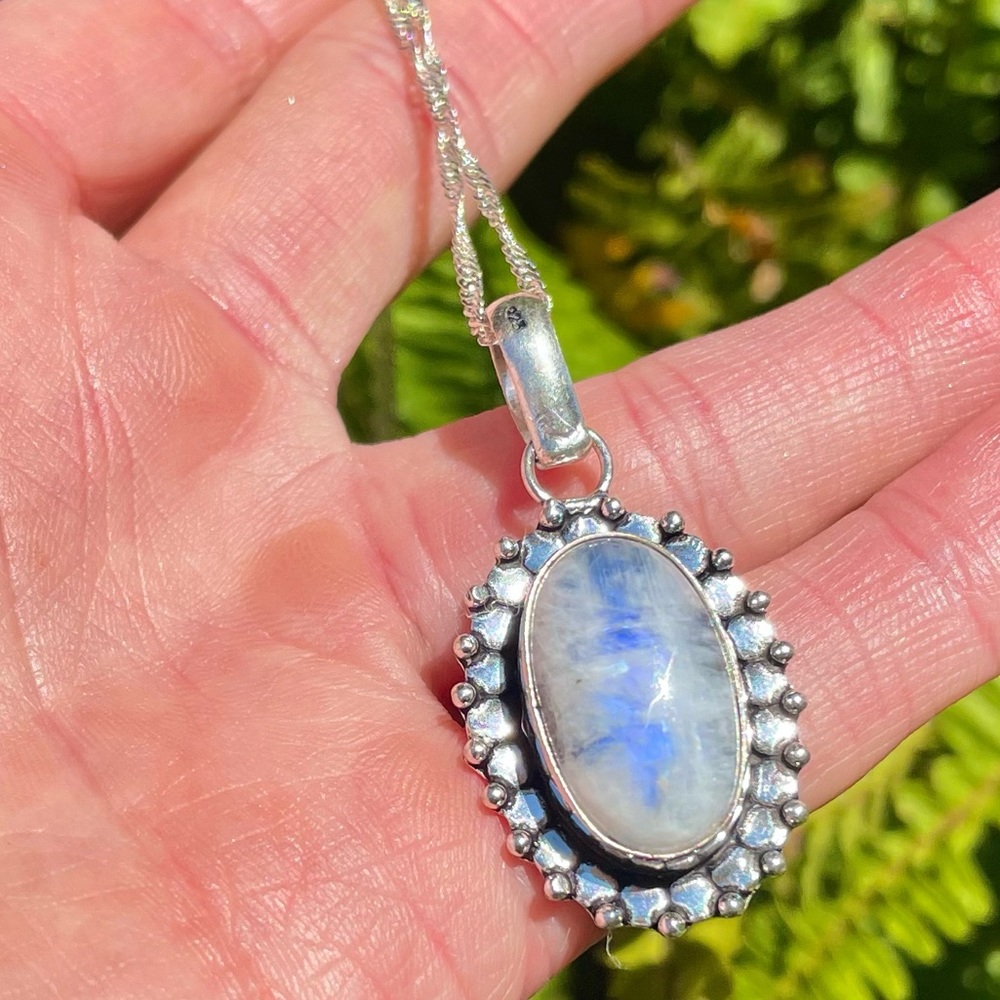 😵 1” Small Blue Rainbow moonstone pendant necklace 925 Sterling Silver dainty